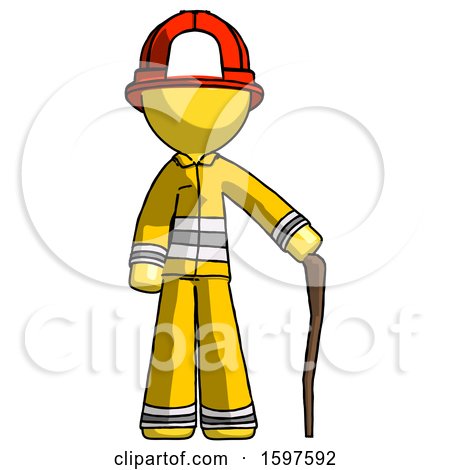 Yellow Firefighter Fireman Man Standing with Hiking Stick by Leo Blanchette
