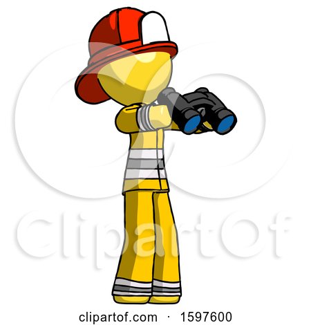 Yellow Firefighter Fireman Man Holding Binoculars Ready to Look Right by Leo Blanchette