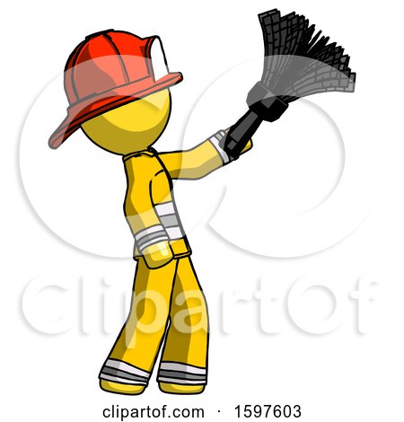 Yellow Firefighter Fireman Man Dusting with Feather Duster Upwards by Leo Blanchette