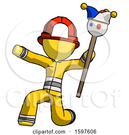 Yellow Firefighter Fireman Man Holding Jester Staff Posing Charismatically by Leo Blanchette