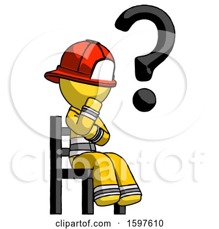 Yellow Firefighter Fireman Man Question Mark Concept, Sitting on Chair Thinking by Leo Blanchette