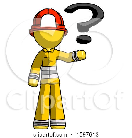 Yellow Firefighter Fireman Man Holding Question Mark to Right by Leo Blanchette