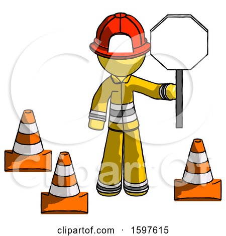 Yellow Firefighter Fireman Man Holding Stop Sign by Traffic Cones Under Construction Concept by Leo Blanchette