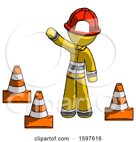 Yellow Firefighter Fireman Man Standing by Traffic Cones Waving by Leo Blanchette