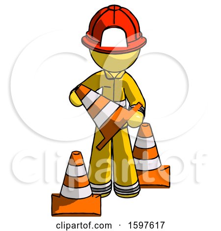 Yellow Firefighter Fireman Man Holding a Traffic Cone by Leo Blanchette