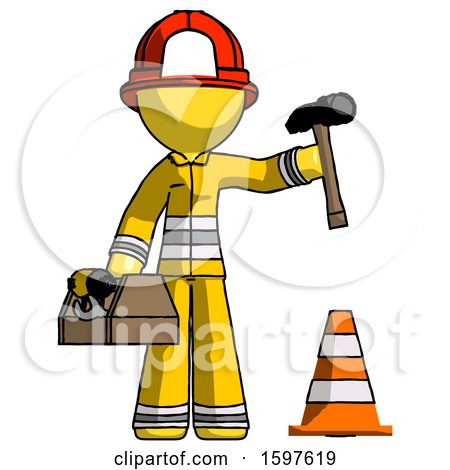 Yellow Firefighter Fireman Man Under Construction Concept, Traffic Cone and Tools by Leo Blanchette