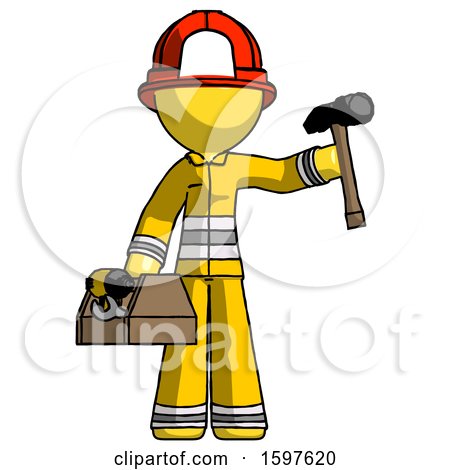 Yellow Firefighter Fireman Man Holding Tools and Toolchest Ready to Work by Leo Blanchette