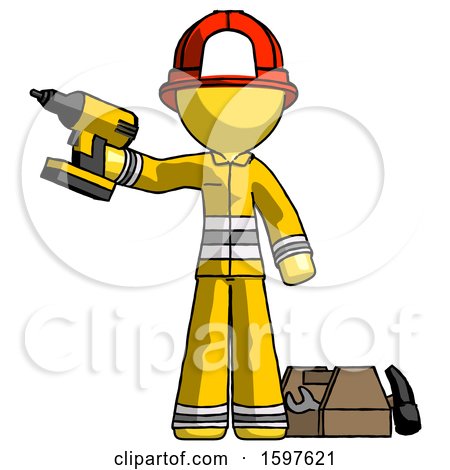 Yellow Firefighter Fireman Man Holding Drill Ready to Work, Toolchest and Tools to Right by Leo Blanchette