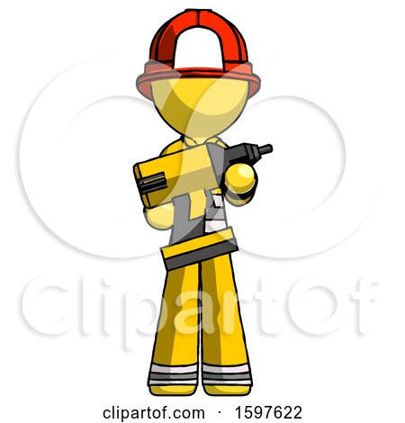 Yellow Firefighter Fireman Man Holding Large Drill by Leo Blanchette