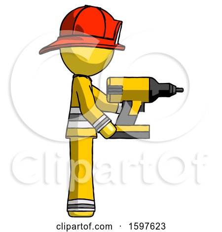 Yellow Firefighter Fireman Man Using Drill Drilling Something on Right Side by Leo Blanchette