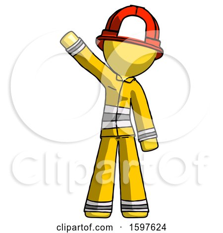 Yellow Firefighter Fireman Man Waving Emphatically with Right Arm by Leo Blanchette