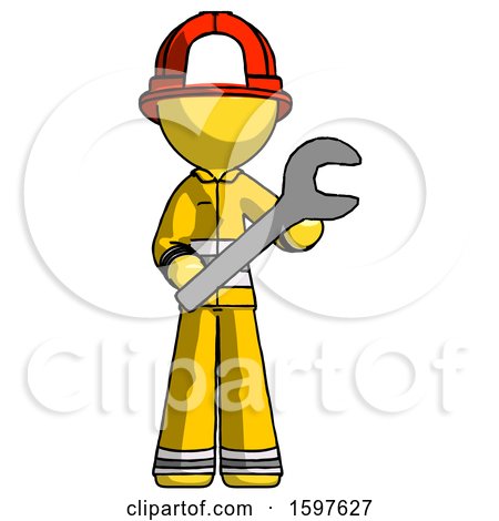 Yellow Firefighter Fireman Man Holding Large Wrench with Both Hands by Leo Blanchette