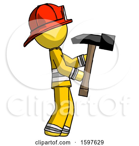 Yellow Firefighter Fireman Man Hammering Something on the Right by Leo Blanchette