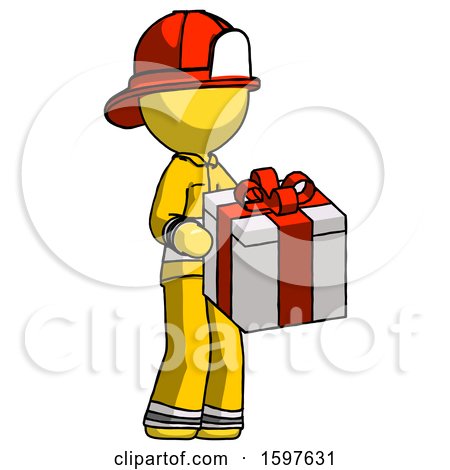 Yellow Firefighter Fireman Man Giving a Present by Leo Blanchette