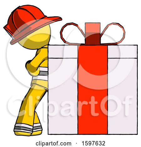 Yellow Firefighter Fireman Man Gift Concept - Leaning Against Large Present by Leo Blanchette