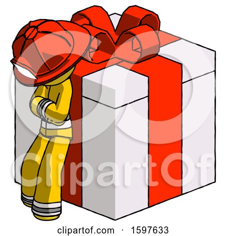 Yellow Firefighter Fireman Man Leaning on Gift with Red Bow Angle View by Leo Blanchette