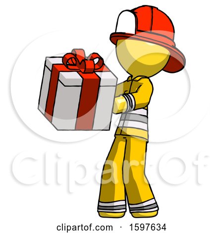 Yellow Firefighter Fireman Man Presenting a Present with Large Red Bow on It by Leo Blanchette