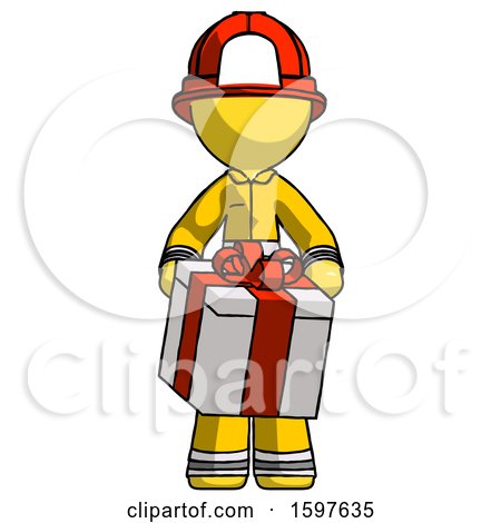 Yellow Firefighter Fireman Man Gifting Present with Large Bow Front View by Leo Blanchette