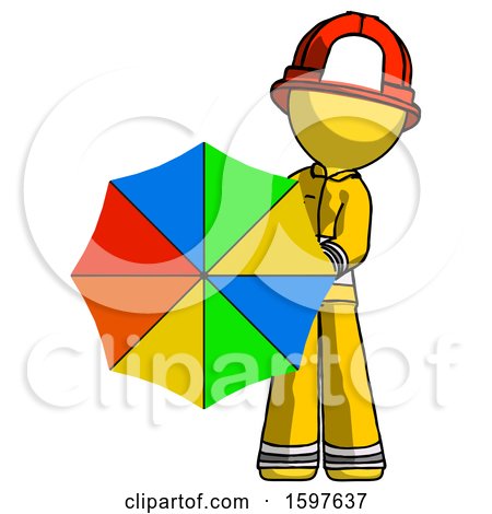 Yellow Firefighter Fireman Man Holding Rainbow Umbrella out to Viewer by Leo Blanchette
