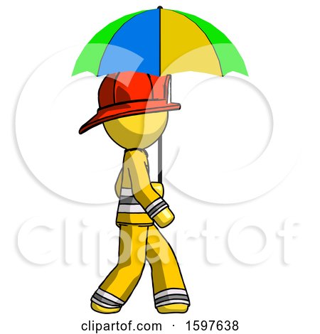 Yellow Firefighter Fireman Man Walking with Colored Umbrella by Leo Blanchette