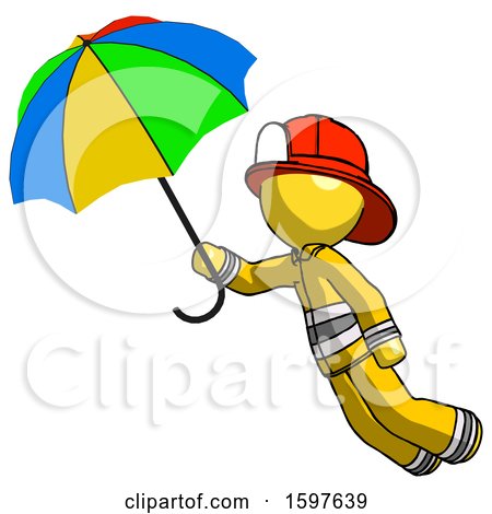Yellow Firefighter Fireman Man Flying with Rainbow Colored Umbrella by Leo Blanchette