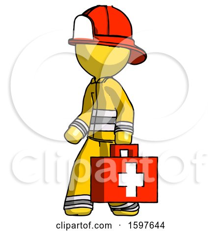 Yellow Firefighter Fireman Man Walking with Medical Aid Briefcase to Left by Leo Blanchette