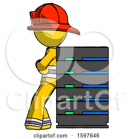 Yellow Firefighter Fireman Man Resting Against Server Rack by Leo Blanchette