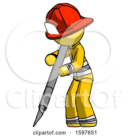 Yellow Firefighter Fireman Man Cutting with Large Scalpel by Leo Blanchette