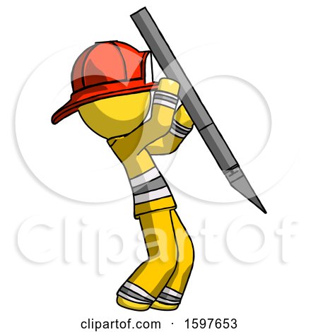 Yellow Firefighter Fireman Man Stabbing or Cutting with Scalpel by Leo Blanchette