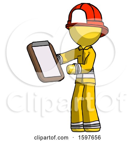Yellow Firefighter Fireman Man Reviewing Stuff on Clipboard by Leo Blanchette