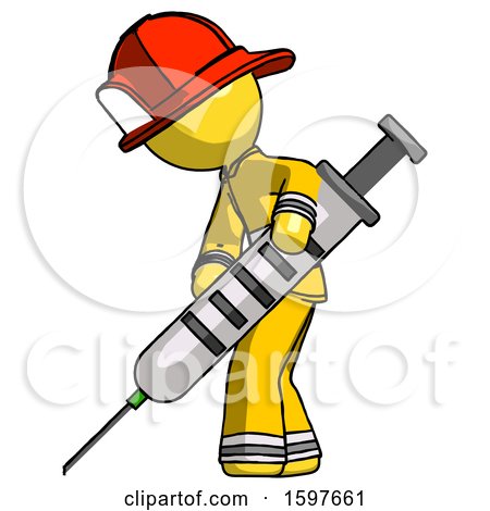 Yellow Firefighter Fireman Man Using Syringe Giving Injection by Leo Blanchette