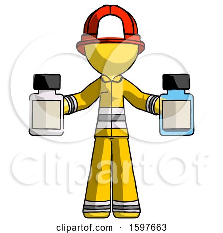 Yellow Firefighter Fireman Man Holding Two Medicine Bottles by Leo Blanchette