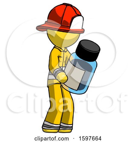 Yellow Firefighter Fireman Man Holding Glass Medicine Bottle by Leo Blanchette
