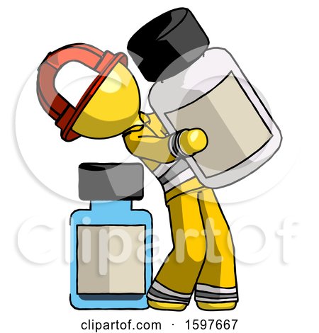 Yellow Firefighter Fireman Man Holding Large White Medicine Bottle with Bottle in Background by Leo Blanchette