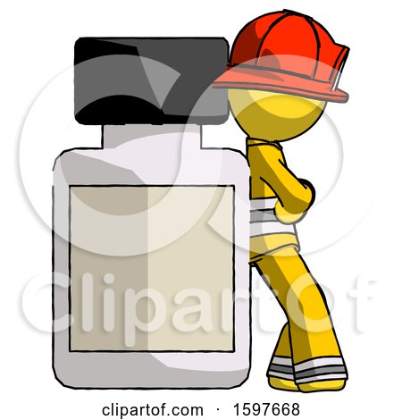 Yellow Firefighter Fireman Man Leaning Against Large Medicine Bottle by Leo Blanchette