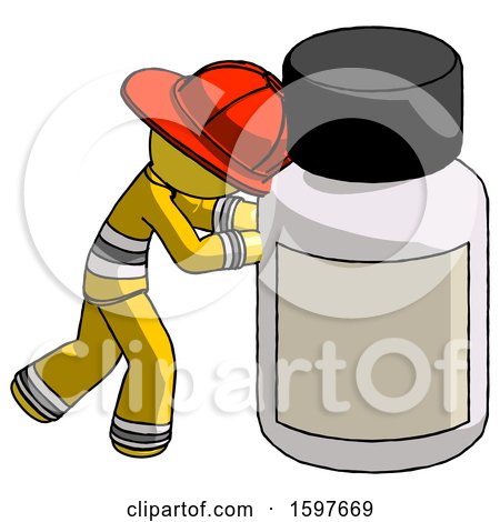 Yellow Firefighter Fireman Man Pushing Large Medicine Bottle by Leo Blanchette
