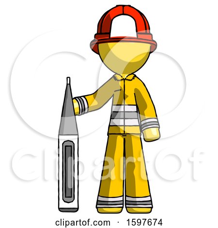 Yellow Firefighter Fireman Man Standing with Large Thermometer by Leo Blanchette