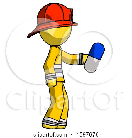 Yellow Firefighter Fireman Man Holding Blue Pill Walking to Right by Leo Blanchette