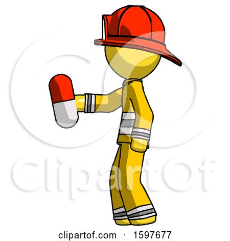 Yellow Firefighter Fireman Man Holding Red Pill Walking to Left by Leo Blanchette