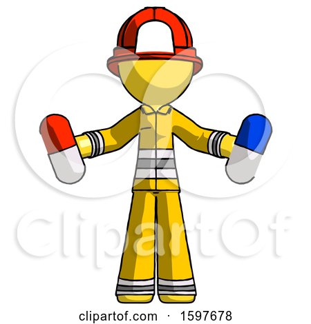 Yellow Firefighter Fireman Man Holding a Red Pill and Blue Pill by Leo Blanchette