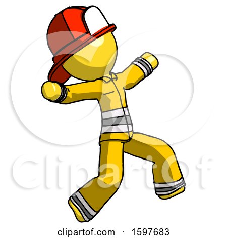 Yellow Firefighter Fireman Man Running Away in Hysterical Panic Direction Right by Leo Blanchette