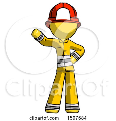 Yellow Firefighter Fireman Man Waving Right Arm with Hand on Hip by Leo Blanchette