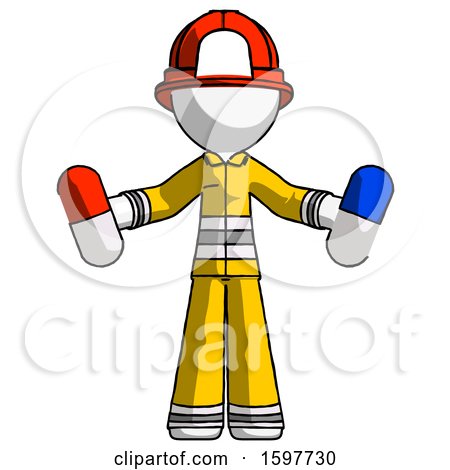 White Firefighter Fireman Man Holding a Red Pill and Blue Pill by Leo Blanchette