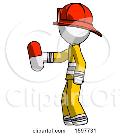 White Firefighter Fireman Man Holding Red Pill Walking to Left by Leo Blanchette