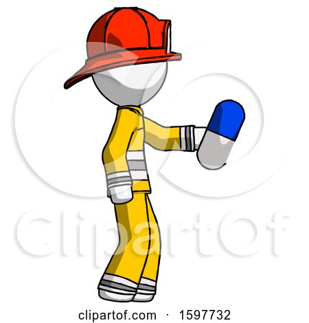 White Firefighter Fireman Man Holding Blue Pill Walking to Right by Leo Blanchette