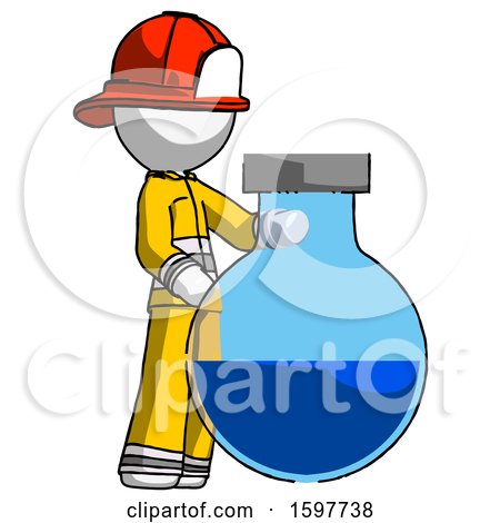 White Firefighter Fireman Man Standing Beside Large Round Flask or Beaker by Leo Blanchette