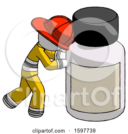 White Firefighter Fireman Man Pushing Large Medicine Bottle by Leo Blanchette
