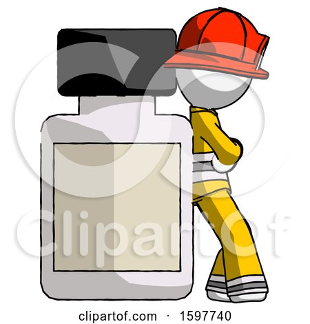 White Firefighter Fireman Man Leaning Against Large Medicine Bottle by Leo Blanchette