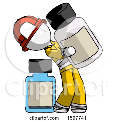 White Firefighter Fireman Man Holding Large White Medicine Bottle with Bottle in Background by Leo Blanchette