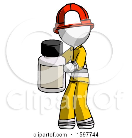 White Firefighter Fireman Man Holding White Medicine Bottle by Leo Blanchette